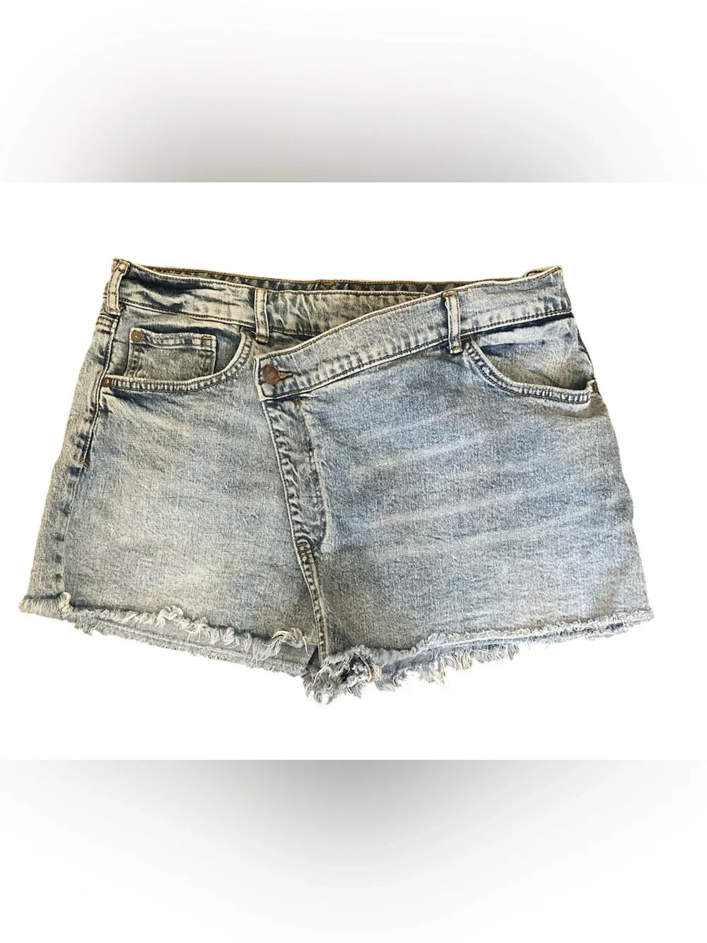 Anthropologie 31 Blue Denim Skort Asymmetric Mini Frayed Raw Hem Pockets Pilcro
